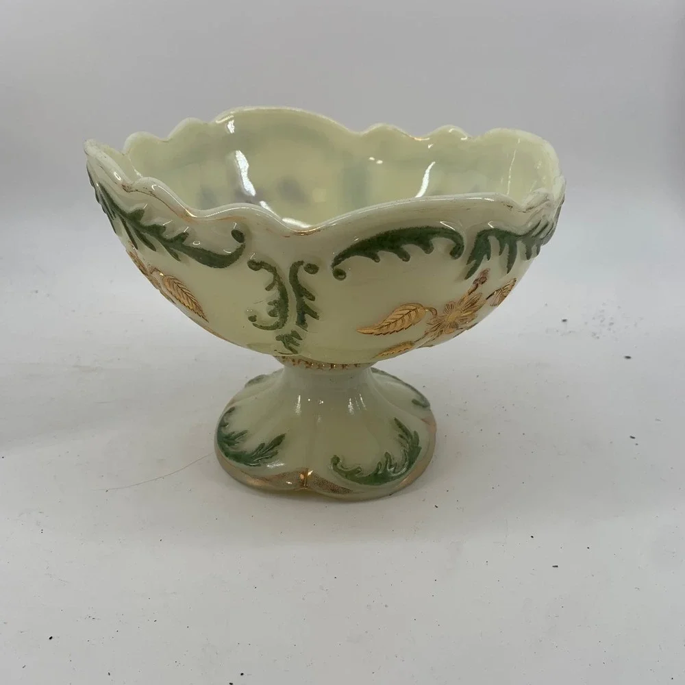Vintage Custard Glass Pedestal Bowl Gold Floral Hand Painted Ruffled Footed Glow